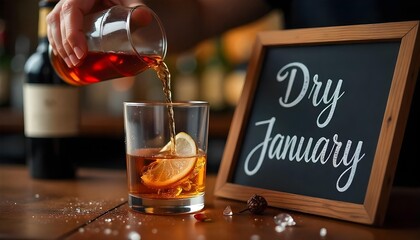 A cozy setting with an empty wine glass and a stop sign, emphasizing the Dry January movement and commitment to sobriety