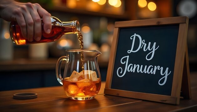 A clean image of a water glass next to an overturned beer mug, highlighting the Dry January initiative for healthier, alcohol-free choices - Powered by Adobe