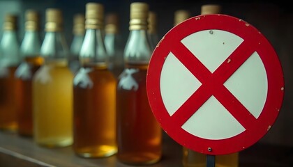 Bottles lined up with a no alcohol sign, representing mindful drinking and the challenge of sobriety for the New Year