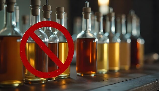 A minimalist display of bottles featuring a no alcohol sign, highlighting non-alcoholic options for wellness and self-care