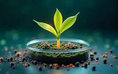 A glowing sprout, nestled within a petri dish amidst micro-particles, symbolizes the innovative power of biotechnology for sustainable growth This image represents cutting-edge research in plant