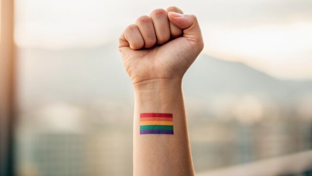 A raised fist displays a rainbow flag tattoo, symbolizing pride and support for LGBTQ+ rights against a blurred urban backdrop.