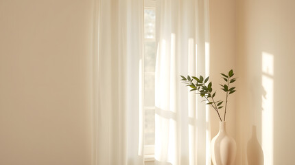Natural Light and Serenity A Minimalist Interior Scene with Softly Lit Curtains and Greenery