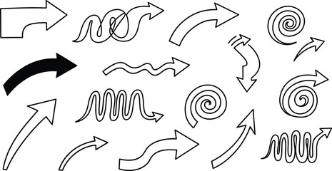 Stylized arrow set, hand drawn arrows, sketch style, curved arrows, spiral arrows, vector illustration, navigation, editable, isolated, graphic