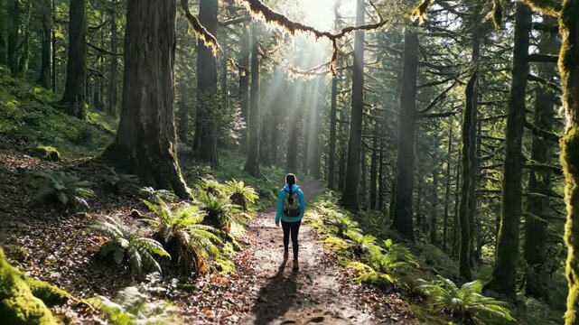Sunlight Through Forest Canopy: Woman Hiking on Trail