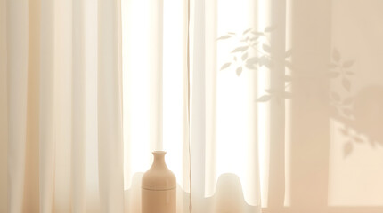 Soft morning light filters through delicate sheer curtains, illuminating a minimalist decorative vase and casting subtle plant shadows, creating a tranquil and serene indoor ambiance