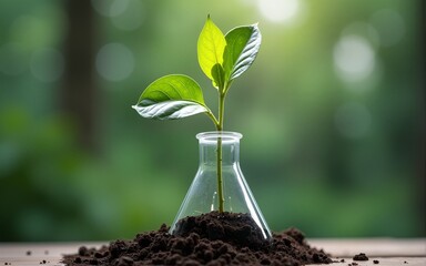 A plant sprouts from a beaker, symbolizing biotechnologys power in shaping the natural worlds future, Portray the potential of biotechnology to shape the future of humanity in a creative way