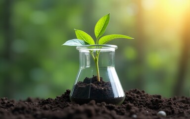 A plant sprouts from a beaker, symbolizing biotechnologys power in shaping the natural worlds future, Portray the potential of biotechnology to shape the future of humanity in a creative way