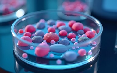 Macro close up shot of bacteria and virus cells in a scientific laboratory petri dish. Generative AI. High quality