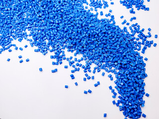 plastic masterbatch, blue polymer masterbatch type cold cutting raw material granular, isolated on white background, for product catalog design of plastic manufacturing industry company profile