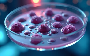 Macro close up shot of bacteria and virus cells in a scientific laboratory petri dish. Generative AI. High quality