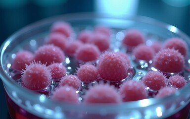 Macro close up shot of bacteria and virus cells in a scientific laboratory petri dish. Generative AI. High quality