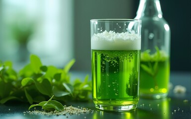 science technology research of green alga biofuel in laboratory, biotechnology industry with alternative natural experiment, biodiesel oil fuel energy from plant to sustainable environment