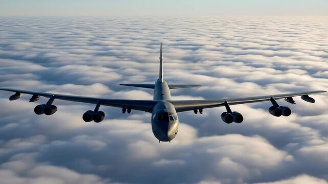 B-52 bomber flying above the clouds. Airplane above clouds in the sky. Transport aviation.