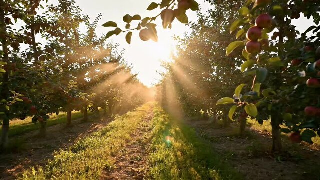 Golden sunlight streams through an abundant apple orchard at dawn, illuminating rows of fruit-laden trees and a serene grassy path, evoking peaceful agricultural beauty