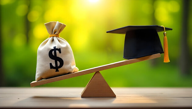A graduation cap and a money bag on a seesaw, representing the relationship between education and financial literacy