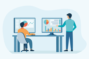 Two businessmen analyzing financial data and charts on computer screens in an office setting