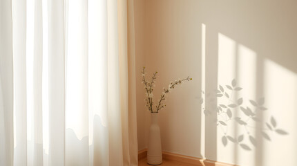 Serene Interior with Sunlight and Natural Elements A Study of Shadows and Texture