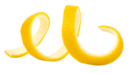 A curled, textured, bright yellow lemon peel with white inner skin, forming a spiral shape on clean white background