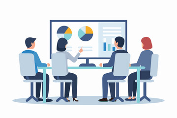 Fototapeta premium Diverse business team collaborating around a table during a meeting with charts on a large screen