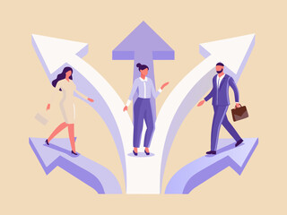Business people making different choices and moving forward on diverging paths
