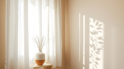 Natural light through sheer curtains casts dynamic plant shadows on a light wall, showcasing a minimalist vase with dried decor in a peaceful and bright home setting