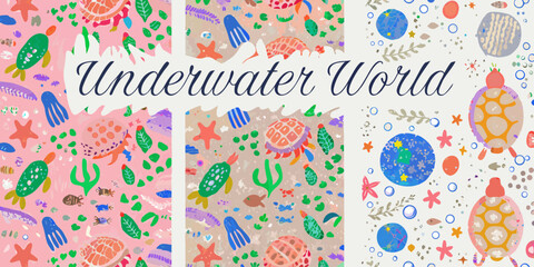 Whimsical underwater world with colorful sea creatures and plants in a playful artistic style