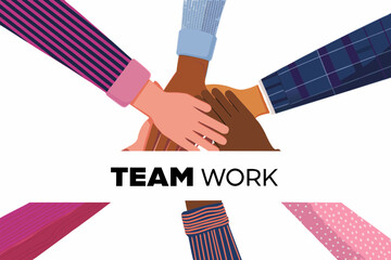 Diverse group of people stacking hands together in a symbol of unity and teamwork