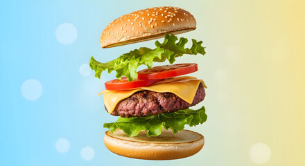 Deconstructed burger with flying ingredients in a studio shot