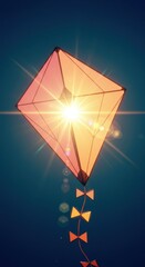 Fototapeta premium Glowing geometric kite ascends into a deep blue sky with brilliant sun flare