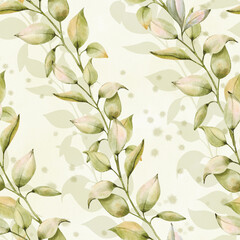 Seamless Watercolor Leaf Pattern with Green Botanical Branches