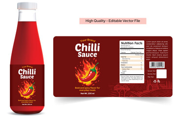Chilli sauce label design with premium packaging and botte mockup. High quality spicy food label, vector illustration, print-ready template. Modern style, vibrant colors, custom branding gourmet sauce