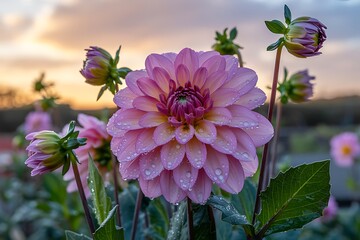 A large, fully bloomed pink dahlia flower with dew drops on its petals stands prominently in a garden at sunrise with blurred buds and foliage
