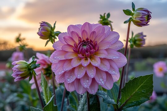 A large, fully bloomed pink dahlia flower with dew drops on its petals stands prominently in a garden at sunrise with blurred buds and foliage