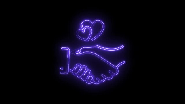 Neon handshake icon with hearts animation for business partnership and collaboration