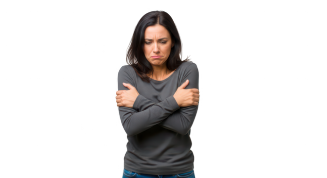 Woman shivering and hugging herself, looking cold and uncomfortable, isolated on transparent background