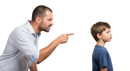 Father scolding his son, pointing finger in anger and discipline, isolated on transparent background