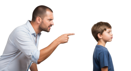 Father scolding his son, pointing finger in anger and discipline, isolated on transparent background
