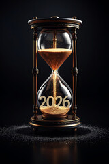 Passing into New Year 2026. New Year 2026 concept with hourglass falling sand taking the shape of a 2026