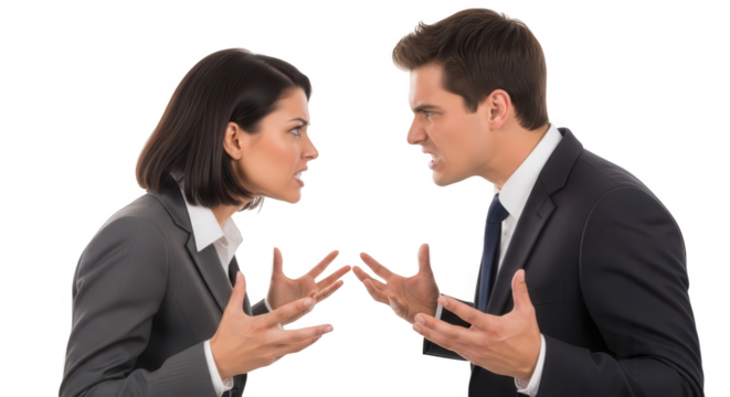 Man and woman in business suits arguing intensely, isolated on transparent background
