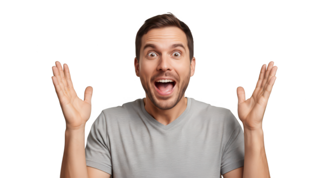 Excited man with arms raised in surprise, isolated on transparent background