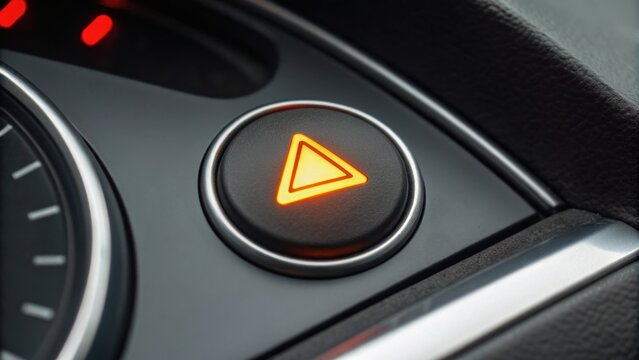 Close-up of a car's hazard warning button, featuring a triangular symbol illuminated in red on a textured black surface.