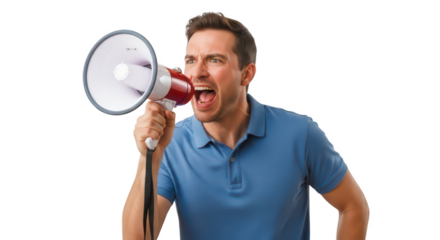 Man shouting through a megaphone isolated on transparent background