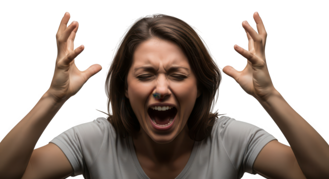 Woman screaming in frustration, hands raised in the air, isolated on transparent background