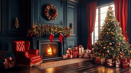 Cozy, elegant Christmas living room scene with roaring fireplace, decorated tree, rich red armchair, and gifts piled high, perfect for holiday advertising and festive design.