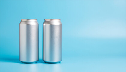 Two plain, unbranded silver aluminum cans standing upright against a bright blue background. Ideal for product mockups of soda, beer, energy drinks, or water.