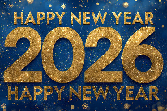 Banner for the year 2026 with gold glitter and the words Happy New Year.