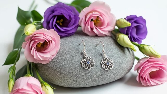 Delicate floral earrings rest on a stone amid blooming pink and purple lisianthus flowers