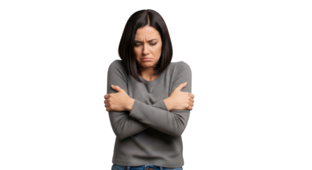 Woman hugging herself and looking sad, isolated on transparent background