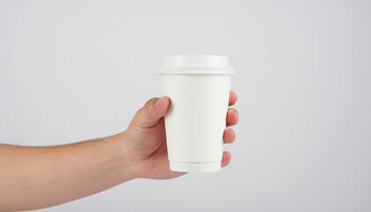 Close-up shot of a hand holding a plain white disposable coffee cup with a lid. Perfect for take-away beverage or cafe promotion mockup.